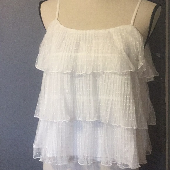 12th Tribe White Ruffle Swiss Dot Layer Sheer Mesh Overlay Top - Picture 5 of 12